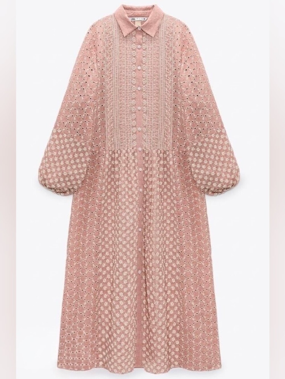 Zara Malina Midi Embroidered Eyelet Pink Shirt Dress Boho Cottagecore Size L